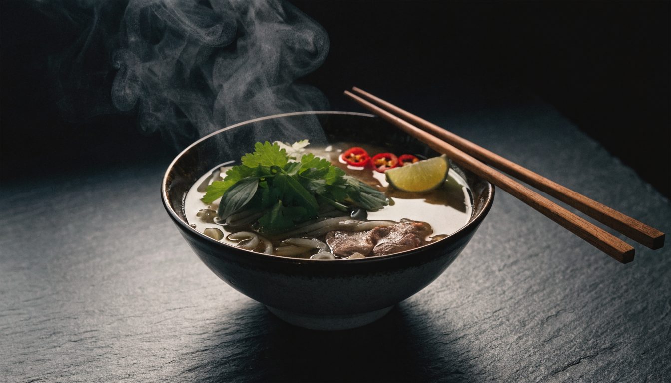 Eine dampfende Schale Phở Bò mit frischen Kräutern, Limette und Chili